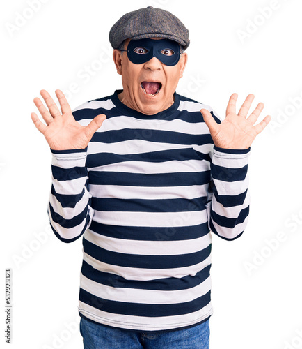 Fotografie, Obraz Senior handsome man wearing burglar mask and t-shirt celebrating crazy and amazed for success with arms raised and open eyes screaming excited