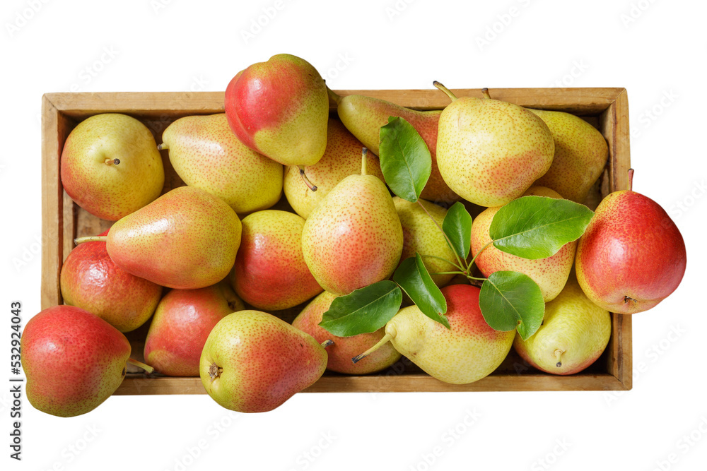 fresh pears in a wooden box isolated on white background fresh pears in a wooden box isolated on white background
