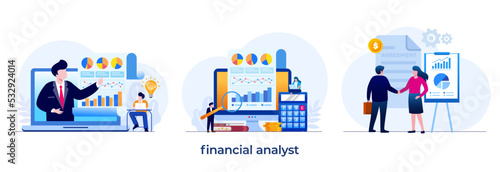 financial analyst, corporate, finance, data, report, auditor, company, revenue, business, entrepreneur, flat illustration vector