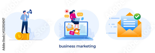 business marketing, email marketing, startup, entrepreneur, business strategy, seo, development, flat illustration vector