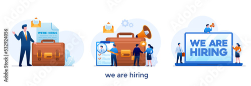 we are hiring, job vacancy, recruitment, employment, recruiting, candidate, team, employer, flat illustration vector