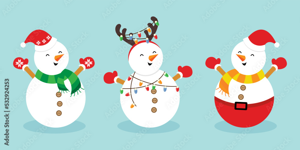 set of Snowy snowman. Festive and Christmas greeting card. Flat design. 