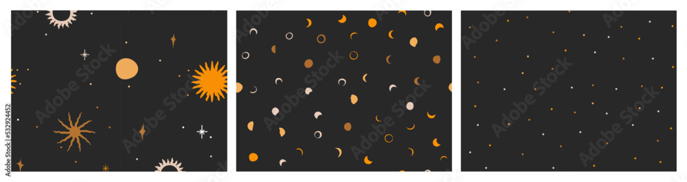 Hand drawn vector abstract graphic illustration seamless pattern collection set with magic astrology celestial golden moon phases,sun and star,contemporary mystic and simple collage shape.Moon design.