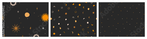 Hand drawn vector abstract graphic illustration seamless pattern collection set with magic astrology celestial golden moon phases,sun and star,contemporary mystic and simple collage shape.Moon design.
