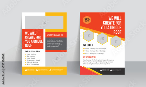 Roofing service flyer brochure cover template and handyman home repair leaflet design with building solution poster layout