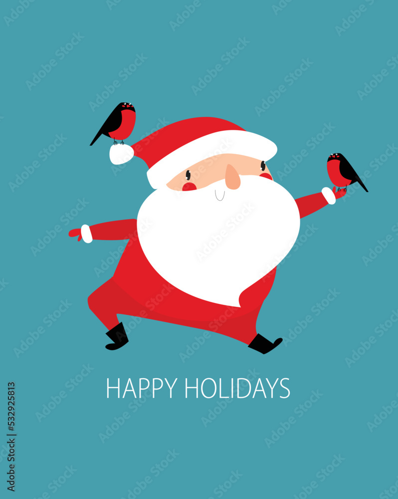 Cheerful santa claus. Christmas card. Happy New Year. Merry Christmas. Santa claus plays with birds. New Year poster, banner, invitation Cheerful santa claus. Christmas card. Happy New Year. Merry Christmas. Santa claus plays with birds. New Year poster, banner, invitation