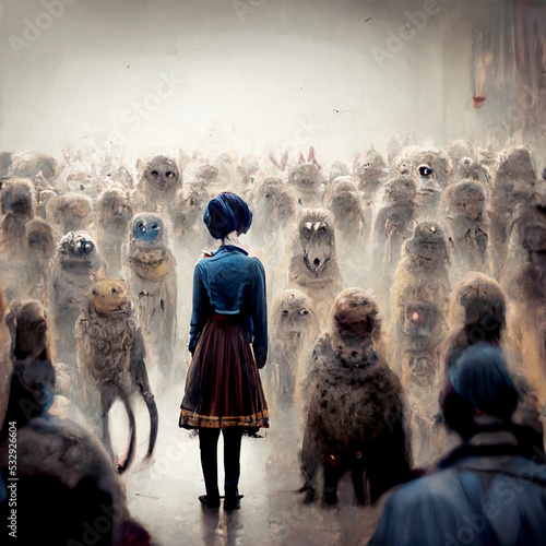 a woman surrounded by a crowd of strange creatures photo