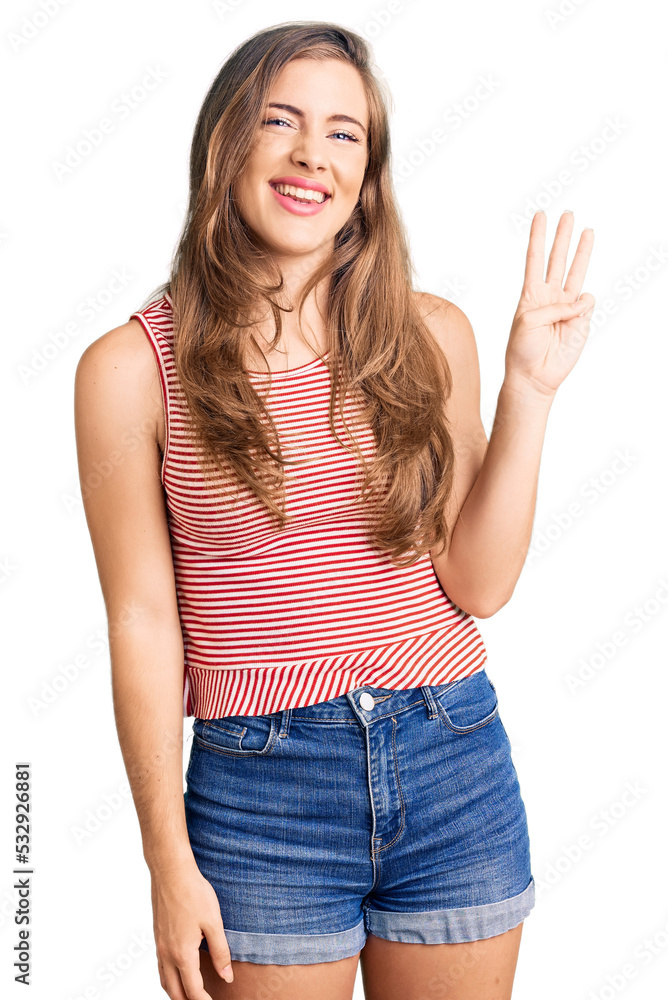 Beautiful caucasian young woman wearing casual clothes showing and pointing up with fingers number three while smiling confident and happy. Beautiful caucasian young woman wearing casual clothes showing and pointing up with fingers number three while smiling confident and happy.