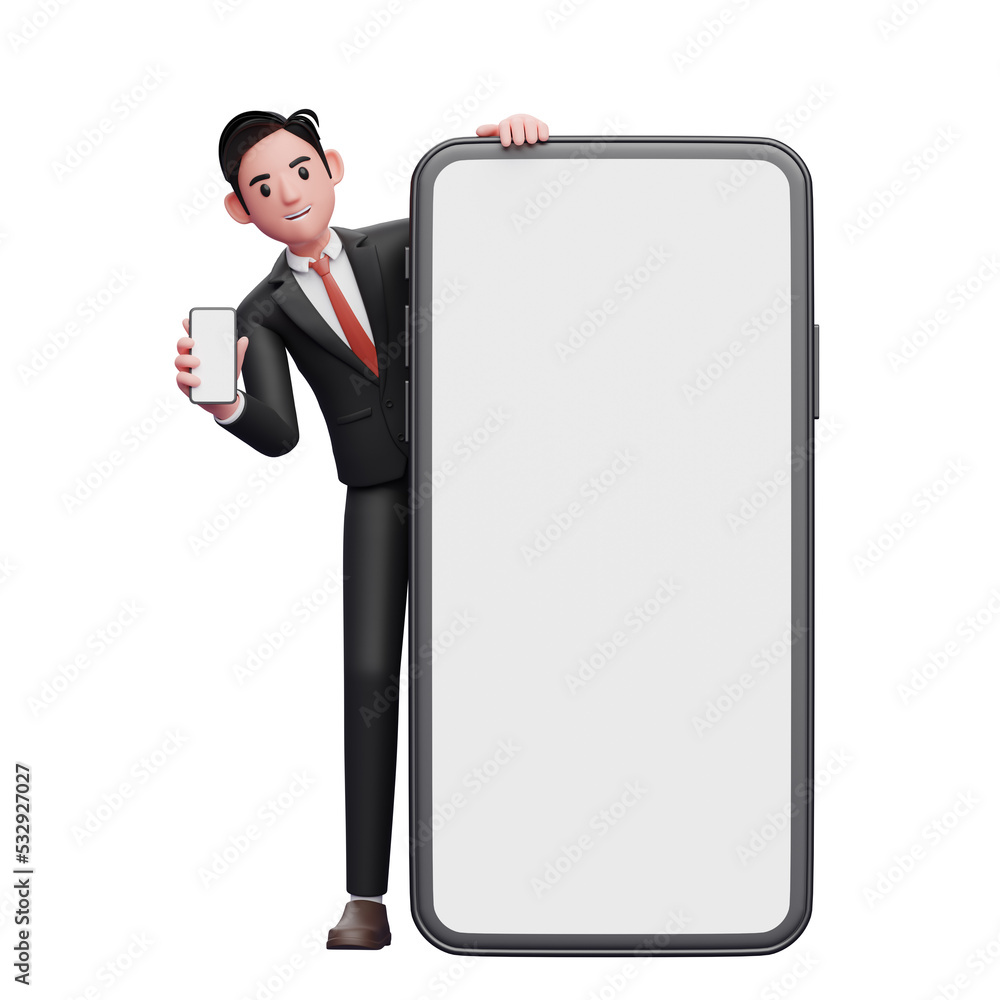 businessman in black formal suit standing behind a big cellphone while showing the phone screen, 3d illustration of businessman using phone businessman in black formal suit standing behind a big cellphone while showing the phone screen, 3d illustration of businessman using phone
