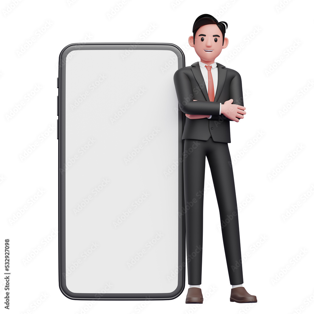 businessman in black formal suit crosses arms and leans on mobile phone with big white screen, 3d illustration of businessman using phone businessman in black formal suit crosses arms and leans on mobile phone with big white screen, 3d illustration of businessman using phone