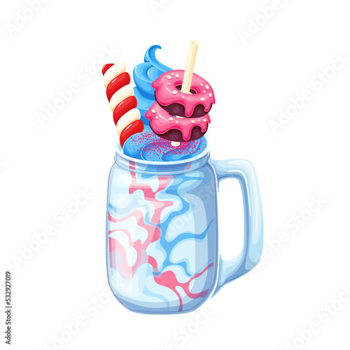 Milkshake with colorful candy and donut vector illustration. Cartoon isolated glass jar with mix of milk drink or yogurt with red and blue syrup, summer dessert with different sweet ingredients