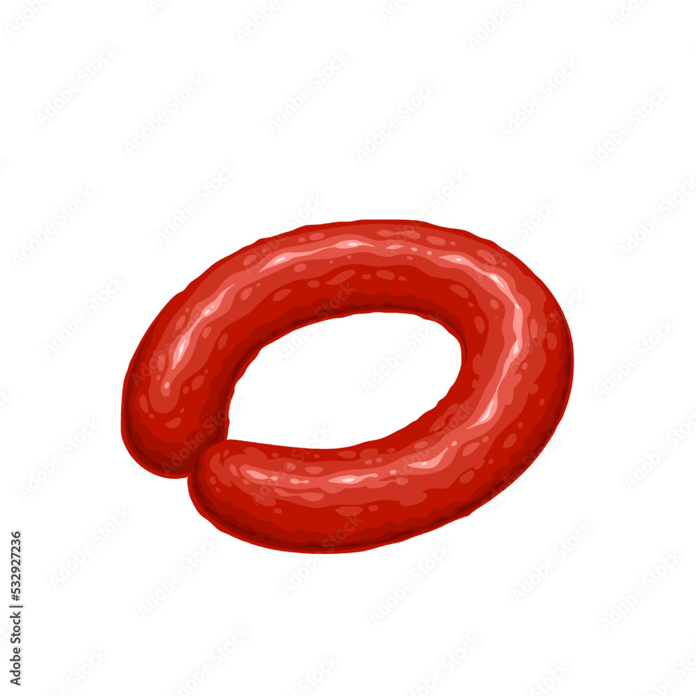 Smoked sausage circle vector illustration. Cartoon isolated dried sausage appetizer from pork or beef meat, cooked product of gastronomy, grocery shop and butchery of round shape, gourmet snack Smoked sausage circle vector illustration. Cartoon isolated dried sausage appetizer from pork or beef meat, cooked product of gastronomy, grocery shop and butchery of round shape, gourmet snack