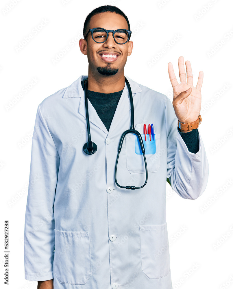 Young african american man wearing doctor uniform and stethoscope showing and pointing up with fingers number four while smiling confident and happy.