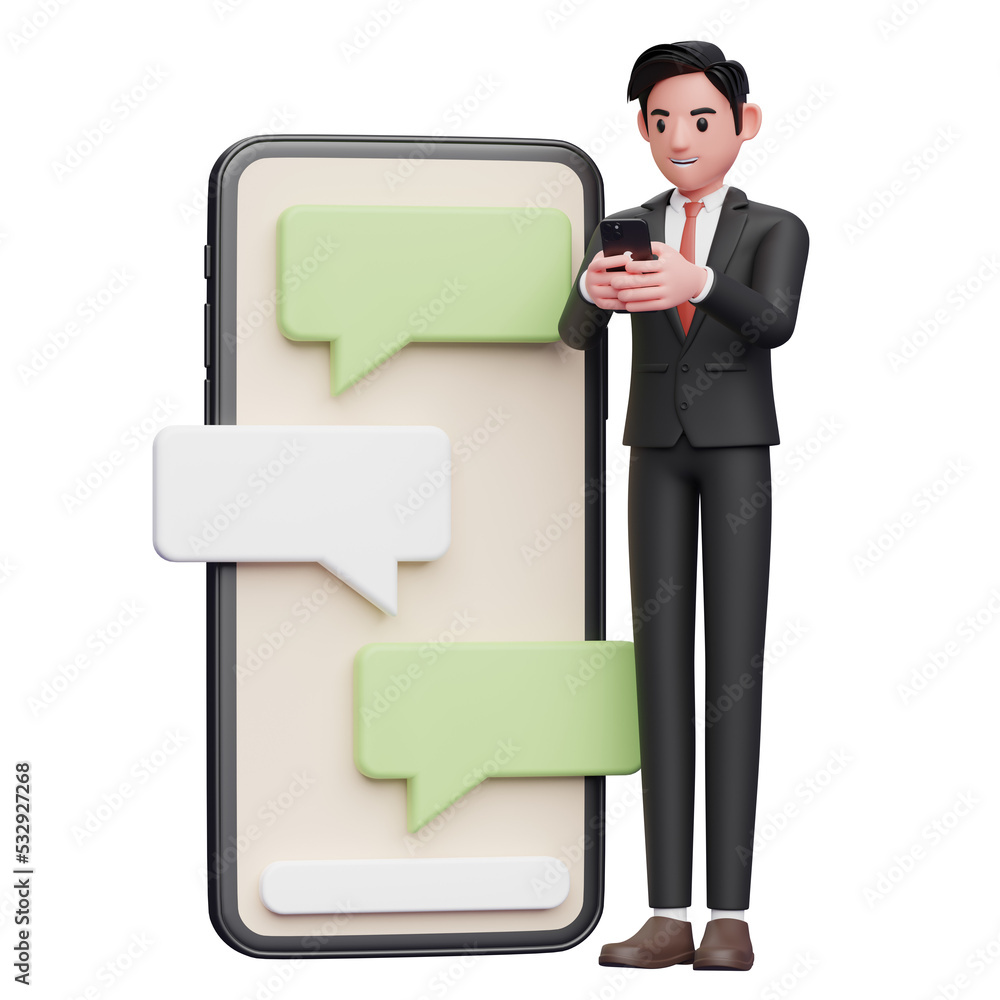 businessman in black formal suit typing on the phone beside a big phone with bubble chat ornament, 3d illustration of businessman using phone