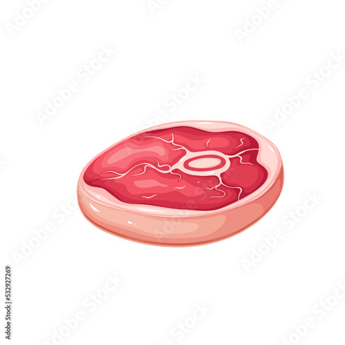 Round meat steak with bone vector illustration. Cartoon isolated raw red steak with fat, circle of pork, beef or lamb chop cut from leg of farm animal for cooking, natural product of butchers shop