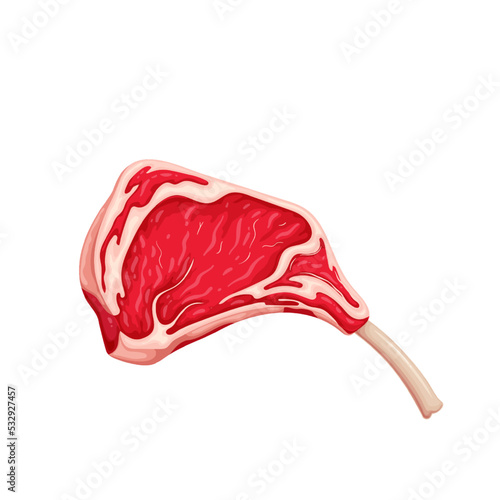 Meat steak on rib vector illustration. Cartoon isolated raw red slice of meat with bone and streaky fat for menu of steakhouse restaurant, prime organic product of butchers shop to grill on dinner