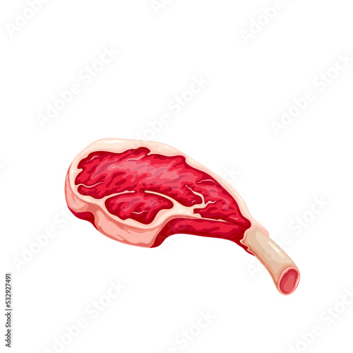 Beef meat steak vector illustration. Cartoon isolated raw red piece of cow meat on rib for menu of steakhouse restaurant, uncooked beefsteak to grill, organic food ingredient and butchery product