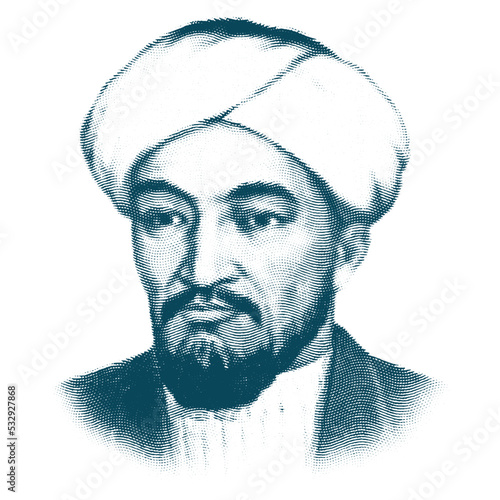 Al-Farabi (872-950) portrait in engraving. He was philosopher, jurist, scientist, cosmologist, mathematician and music scholar who wrotes on politics, metaphysics, ethics, logic.