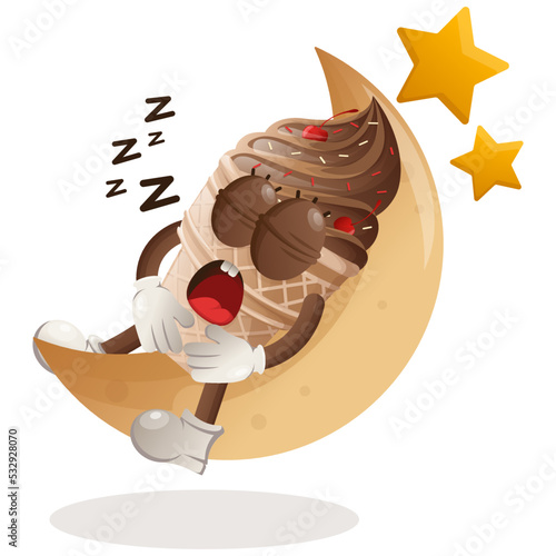 Cute ice cream mascot sleeping, sleeping on the moon
