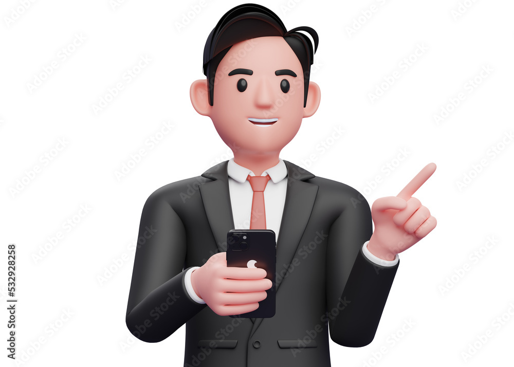 close up of businessman in black formal suit pointing to the side choosing gesture and holding a phone, 3d illustration of businessman using phone