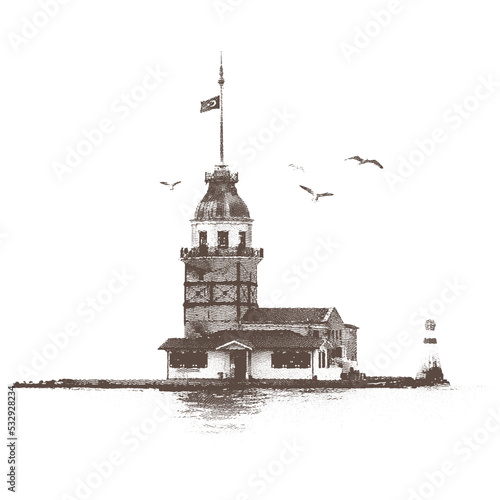Istanbul Uskudar Maiden's Tower vector engraving illustration. (Turkish: Kız Kulesi). isolated vector.