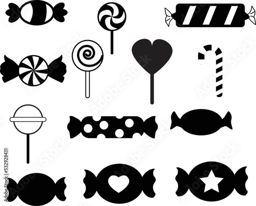 black and white wrapped candy icon on transparent background. flat style. lollipop icon. sugar caramel in wrapper symbol.