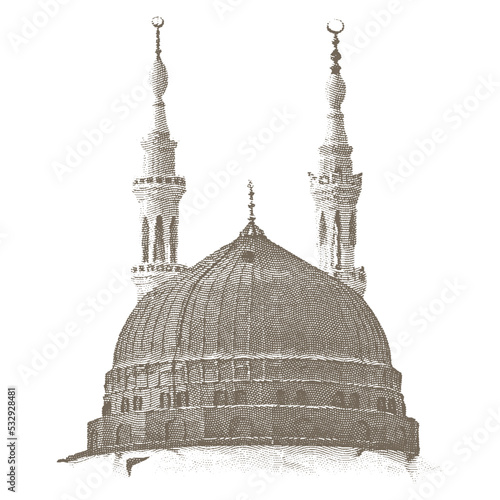 Prophet's Masjid (mosque) green dome vector - Iconic Green Dome. Medina, Saudi Arabia. Isolated vector woodcut illustration.