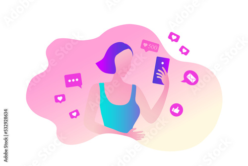 woman shouting in loud speaker with social media icons. Influencer social media marketing, blogger, vlogging, social influencer and influencer marketing concept vector illustration