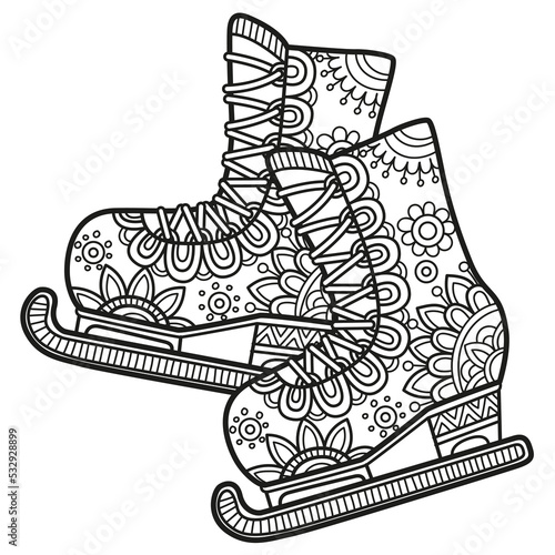 Vector coloring book page for adult. Black and white ice skates with pattern in a mandala style