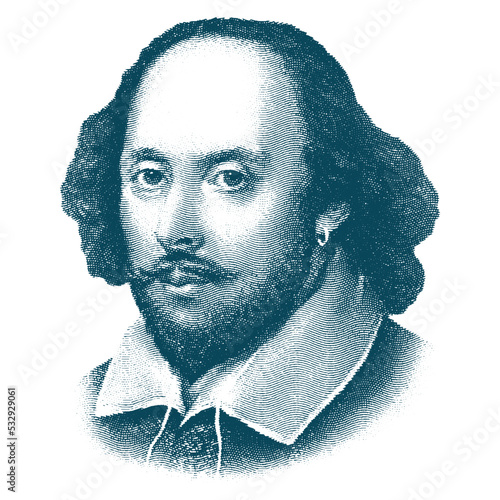 William Shakespeare (1564-1616) portrait in engraving illustration. He was English poet, playwright and actor, regarded as the greatest author in English literature and the world's greatest dramatist. photo