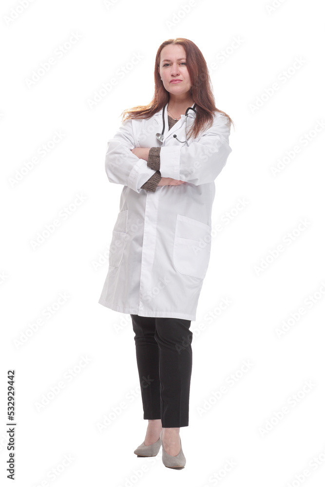 mature female doctor with stethoscope . isolated on a white background. mature female doctor with stethoscope . isolated on a white background.