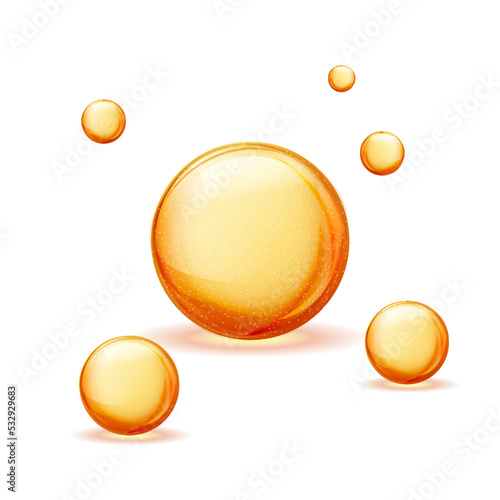Vitamins gold 3d ball oil liquid essence pill collagen vector banner droplet icon.