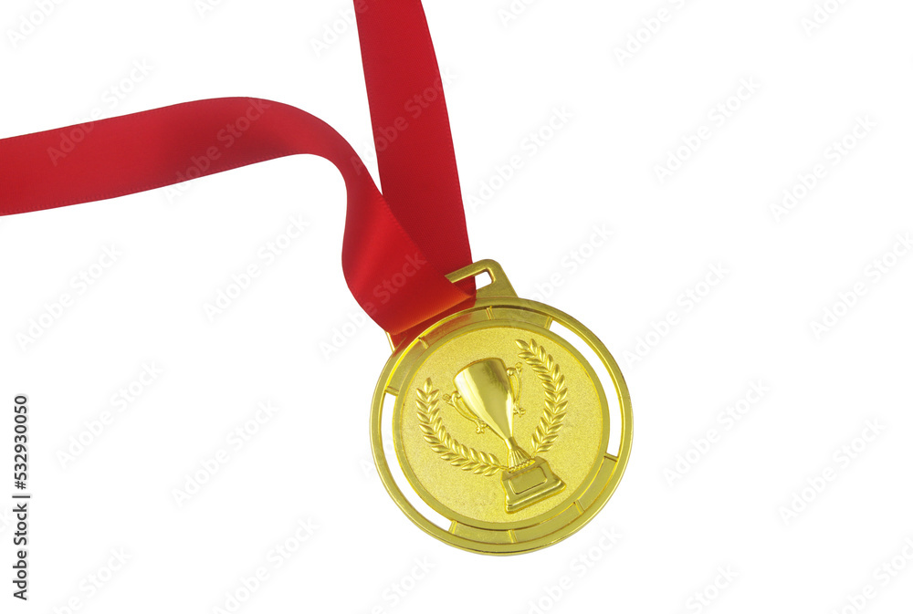 Gold medal with red ribbon isolated on white with space for text. Gold medal with red ribbon isolated on white with space for text.