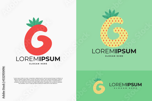 Letter G in strawberry style with green leaves