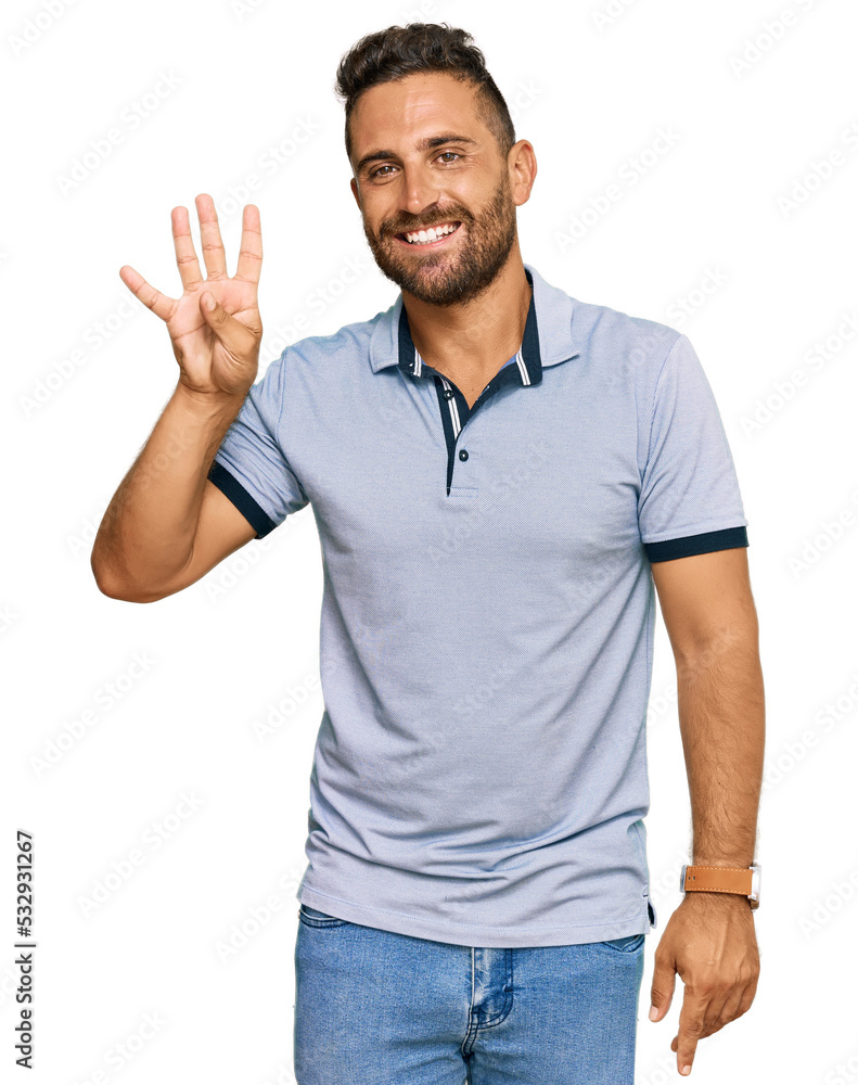 Handsome man with beard wearing casual clothes showing and pointing up with fingers number four while smiling confident and happy. Handsome man with beard wearing casual clothes showing and pointing up with fingers number four while smiling confident and happy.