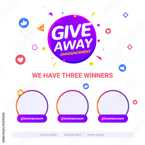 Giveaway template congratulation winner contest prize poster design. Giveaway event banner winner template vector.