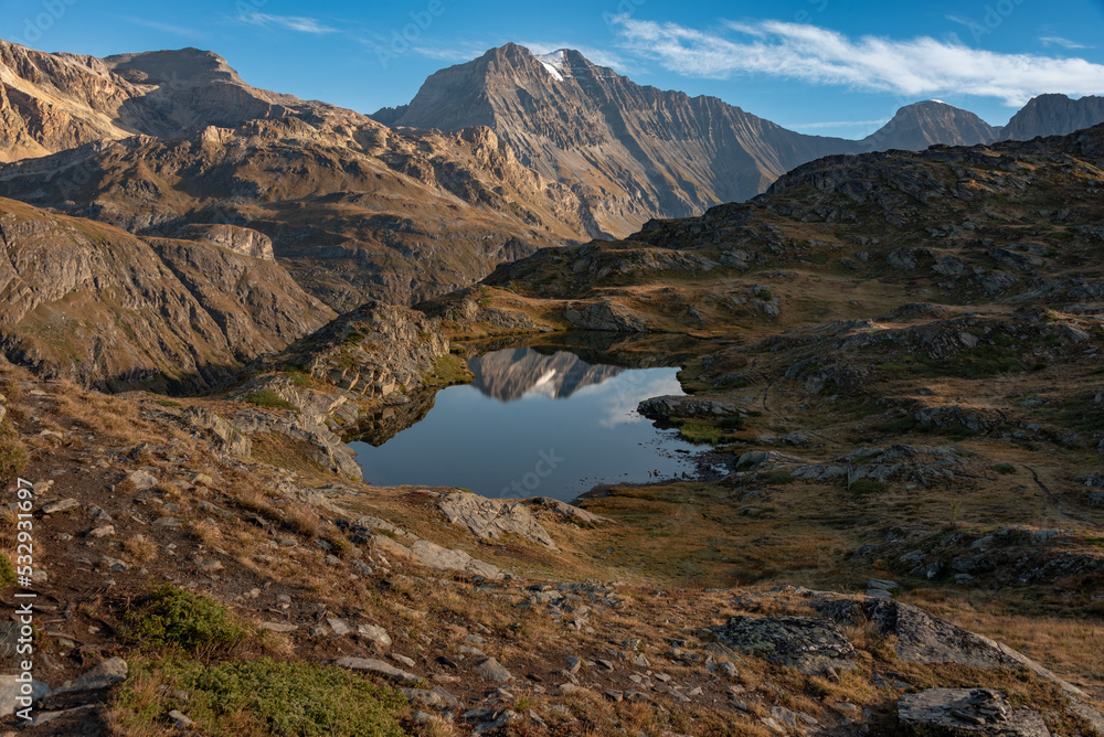 In the early morning and in good weather, the arrival on the Bellecombe lake in the heart of the Vanoise national park in the Alps is a wonderful moment