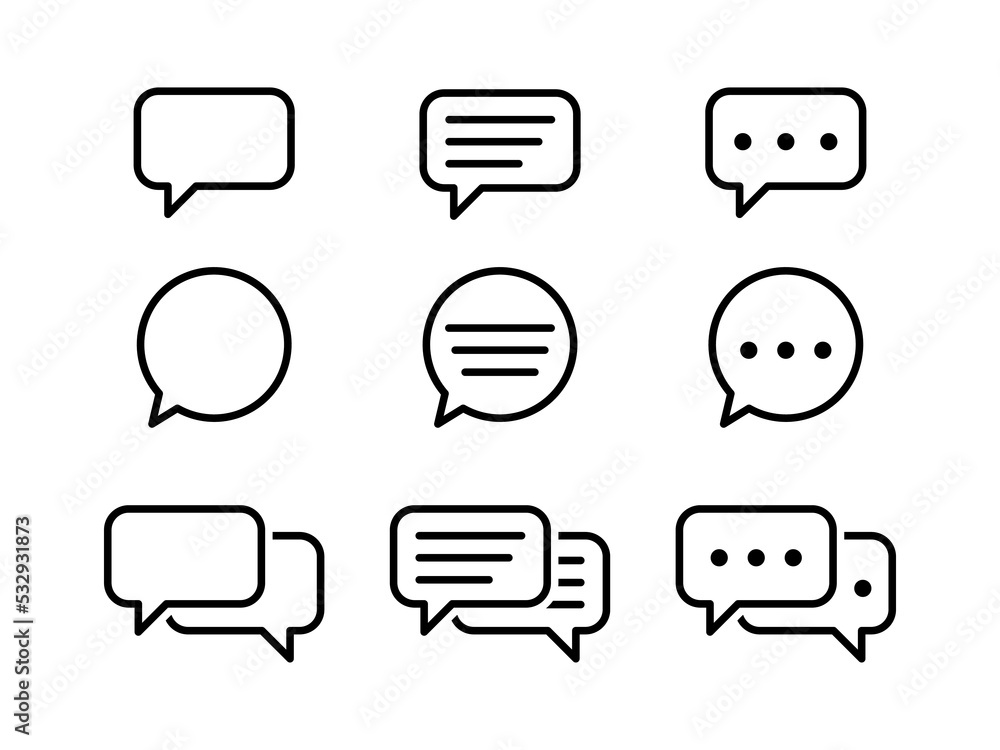 Chat bubble set outline vector isolated on white background. Chat icon.Line chat icons for flat design. Talk baloon icons. Chat speech bubble. - obrazy, fototapety, plakaty 