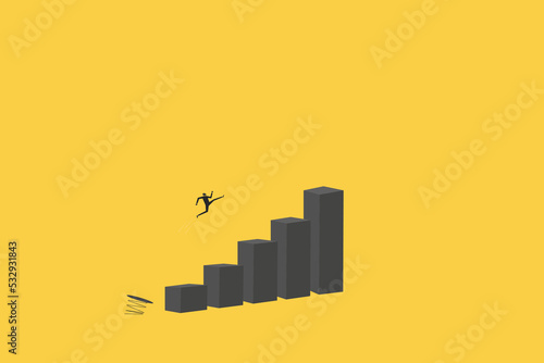 Business challenge, revenue rebound and recover from economic crisis or earning and profit growth jump from bottom concept, strong businessman jumping from trampoline back to top of growing bar graph. photo