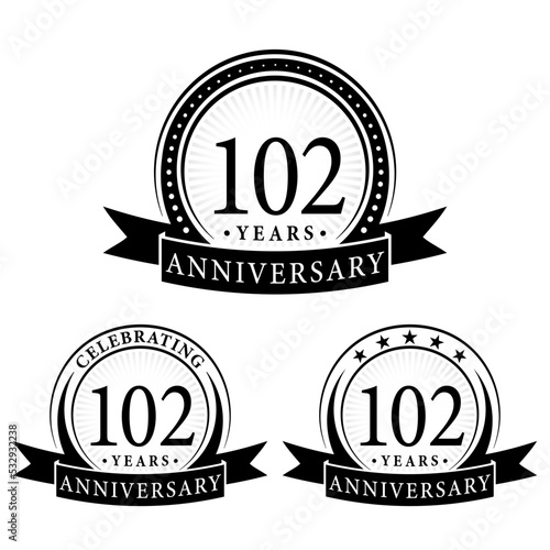 102 years anniversary logo collections. Set of 102nd Anniversary logotype template. Vector and illustration.
