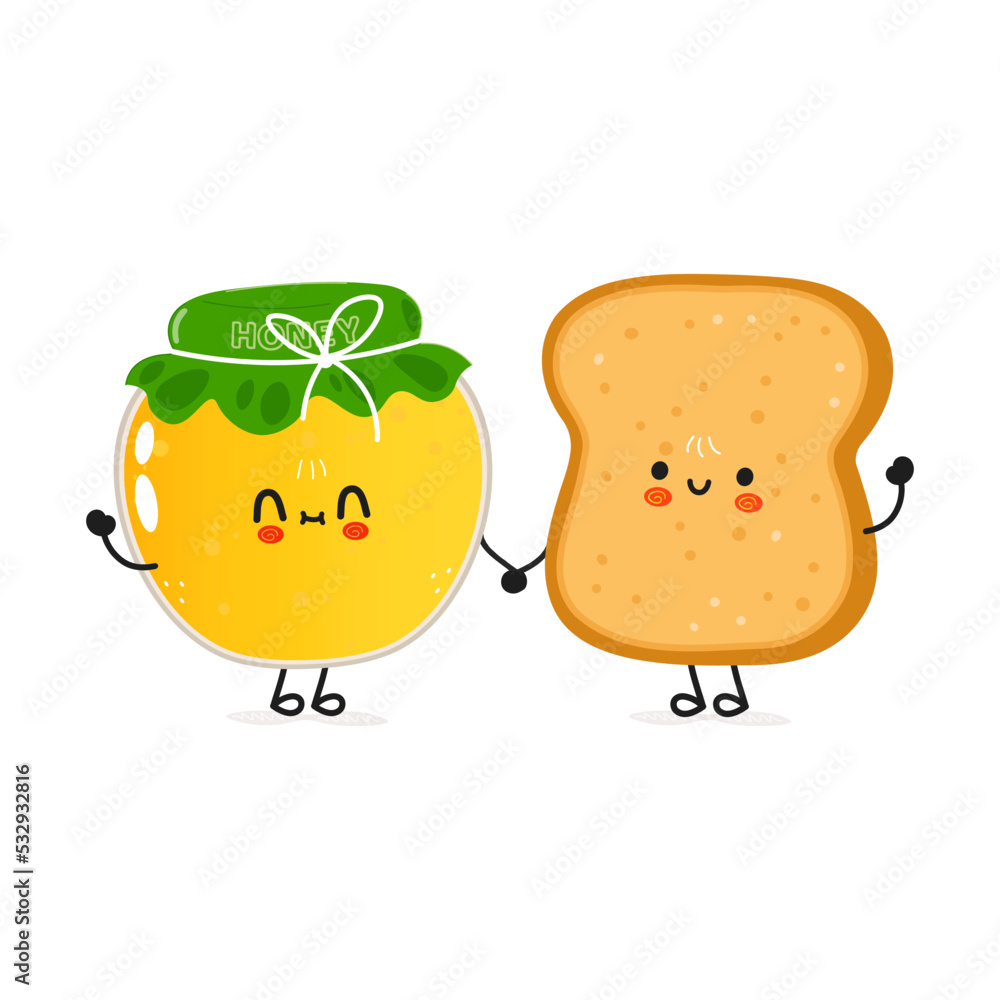 Cute happy toast and honey card. Vector hand drawn doodle style cartoon character illustration icon design. Happy bread and honey friends concept card Cute happy toast and honey card. Vector hand drawn doodle style cartoon character illustration icon design. Happy bread and honey friends concept card