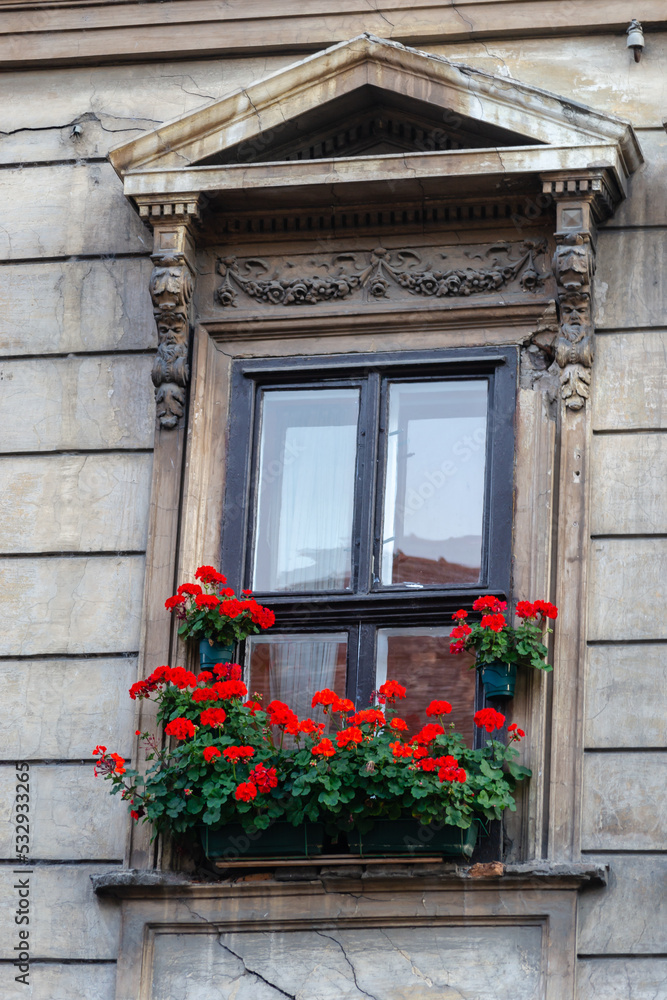 Window with a decorative baroque facade. Window with a decorative baroque facade, decorated with red flowers.