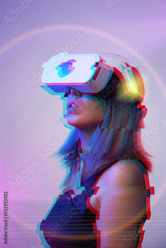 Woman is using virtual reality headset. Concept of virtual, augmented and extended reality and metaverse.