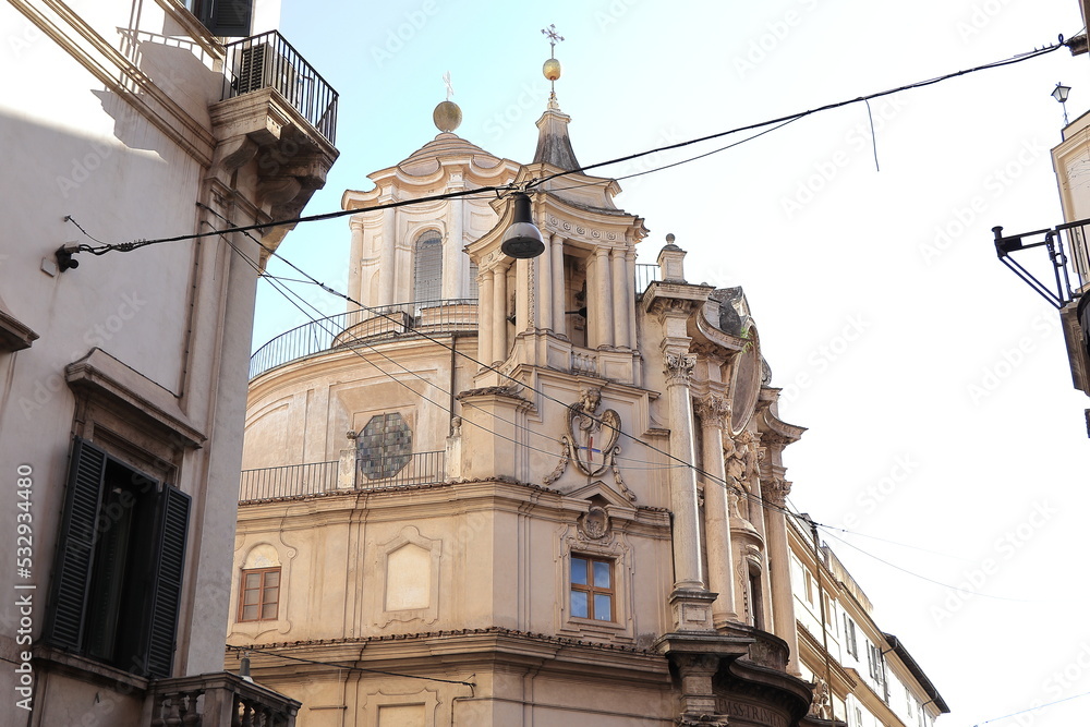 Rome Street View with San Carlo alle Quattro Fontane Church Exterior, Italy