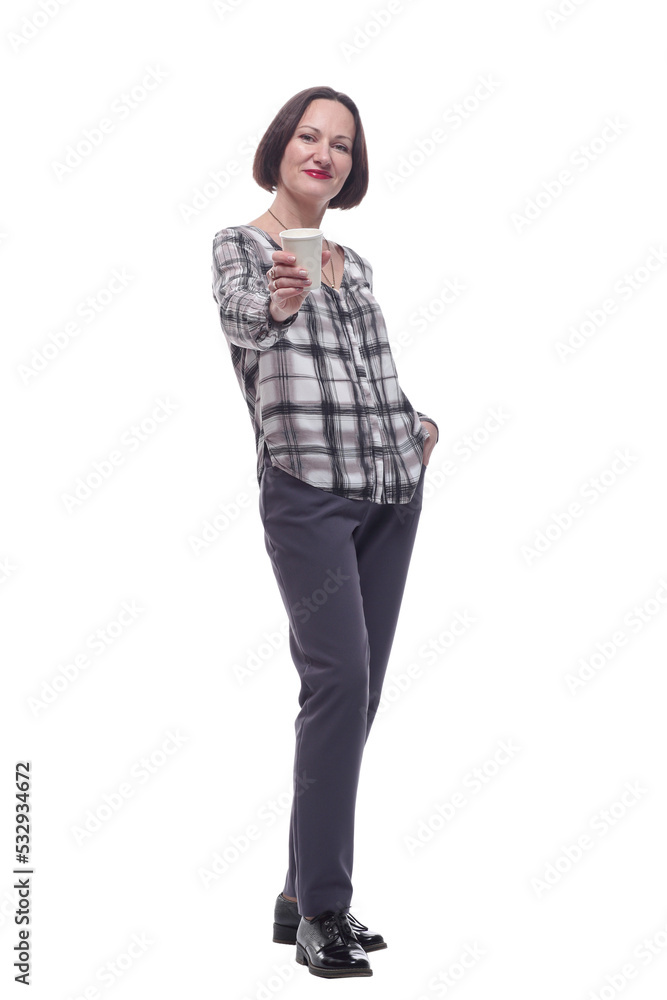 attractive mature woman with takeaway coffee looking at you.