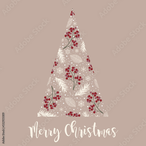 Christmas Postcard with Christmas Tree with white branches and red berries. Top view.