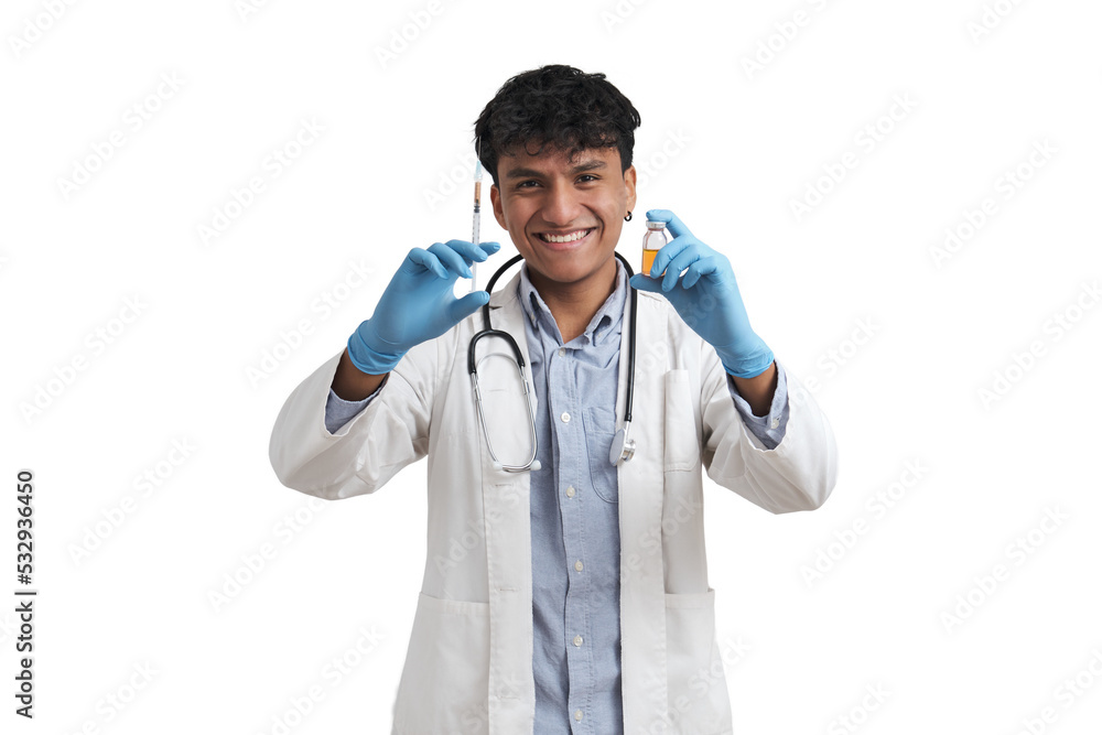 Young peruvian male doctor smiling holding a syringe and a vial. Isolated over white background. Young peruvian male doctor smiling holding a syringe and a vial. Isolated over white background.