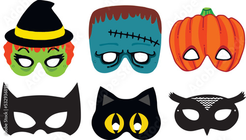 Halloween mask set: bat, cat, pumpkin, owl, witch
