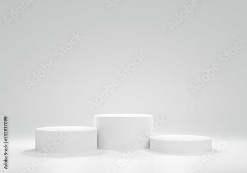 three white circle podiums for ranking.for product advertisement or product presentation.Product display.3D rendering