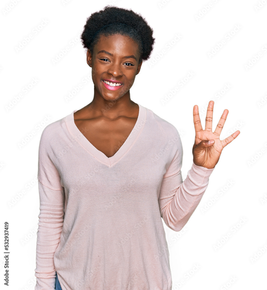 Young african american girl wearing casual clothes showing and pointing up with fingers number four while smiling confident and happy. Young african american girl wearing casual clothes showing and pointing up with fingers number four while smiling confident and happy.